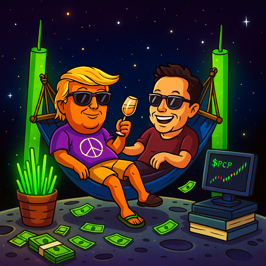 Trump and Elon chilling on the moon as $PCP prints green candles — when your crypto bags turn into a luxury lifestyle. 🚀🌕💸