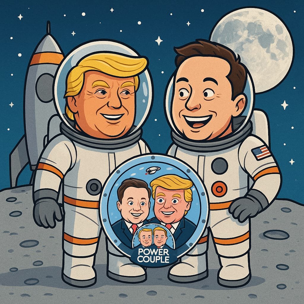 “They said it was lonely at the top… so we brought backup. 🌕👨‍🚀👨‍🚀 The moon’s just the beginning for this Power Couple. Markets? Dominated. Memes? Minted. History? Made.